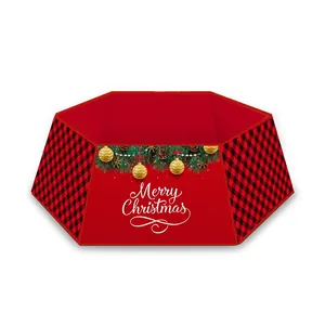 Red and black buffalo plaid Christmas tree collar with Merry Christmas print decor