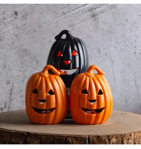 Three decorative Halloween Jack-o'-lanterns on a rustic wooden base for party decor
