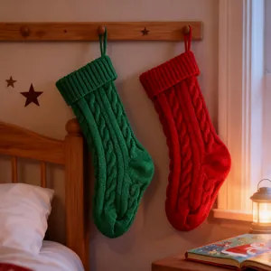 Pair of red and green cable-knit Christmas stockings hanging in a cozy bedroom setting