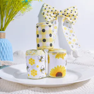 Bumblebee Day Faux Burlap Wired Edge Ribbon Sunflower Honeycomb Polka Dot Printed Webbing For Festival DIY Party Decoration