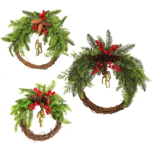 Set of 3 farmhouse Christmas wreaths with pine needles berries pine cones and brass bells