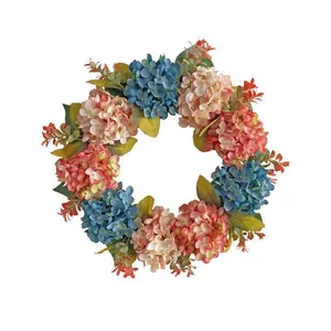 Artificial blue and pink hydrangea wreath for holiday front door hanging decoration