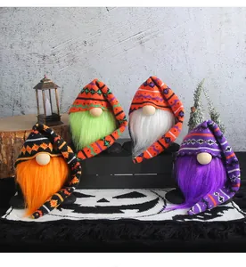 Halloween gnomes set of 4 with long knitted striped hats and colorful faux fur plush beards