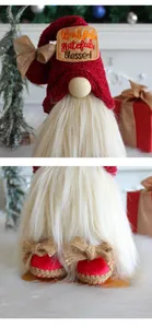 Detailed view of plush Christmas gnome featuring a thankful patch and burlap bow accents