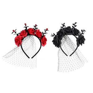 Halloween Gothisches Rosen Stirnband mit schwarzem Netzschleier für Kostümpartys und Cosplay