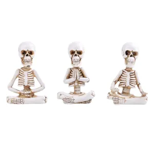 Ensemble de trois figurines de squelettes en méditation pour décoration de Halloween