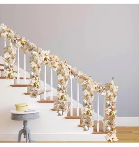 Artificial champagne maple leaf garland with mini pumpkins for autumn staircase decoration