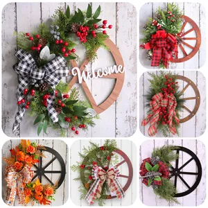Rustikaler Holzwagenrad-Kranz Weihnachten Willkommen Haustür-Hängedekoration Mit Tannenzapfen Beeren Und Schleife Für Feiertagsparty-Hausdekoration