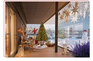Warm Christmas balcony scene with hanging glowing star lights and a decorated tree
