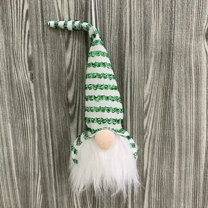 Nordic Christmas gnome ornament with green sequined striped hat and long white fur beard