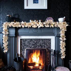 Champagne artificial maple leaf pumpkin garland for Thanksgiving fireplace decor