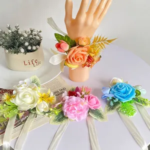 Handgefertigte PU Satin Simulation Rose Handgelenkblume Für Brautjungfer Hochzeit Party Braut Seidenband Kopfschmuck Zubehör