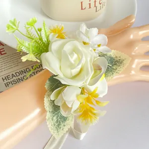 Handgefertigte weiße künstliche Rose Handgelenk Blume Korsage für Brautjungfern mit Band