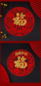 Detailed view of two traditional red and gold Chinese New Year 'Fu' stickers