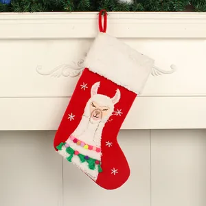 Red Christmas stocking with cute llama applique and plush white cuff holiday decoration