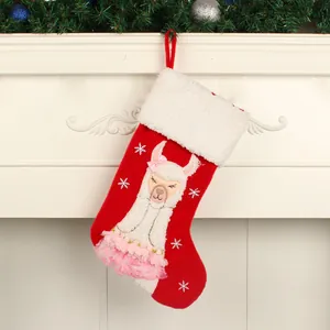 Festive red Christmas stocking with cute llama applique and soft white plush cuff