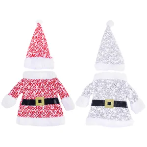 Christmas wine bottle cover set with miniature Santa clothes and hat in red and silver