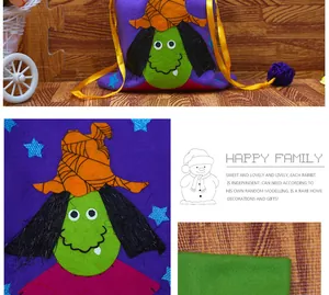 Detailed close-up of a handmade felt Halloween witch gift bag with yellow drawstring