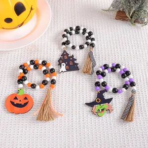Festliches Halloween Holzperlengirlanden Set mit Kürbis Hexe und Schloss für Deko