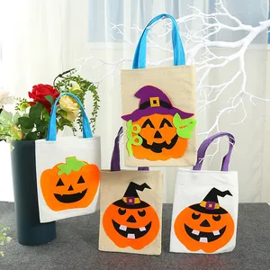 Borsa a Mano in Tela di Sacco per Halloween con Zucca e Cappello da Strega Sacchetto di Caramelle per Bambini Dolcetto o Scherzetto