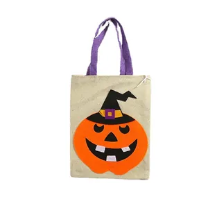 Borsa di Halloween in juta con disegno di zucca con cappello da strega e manici viola