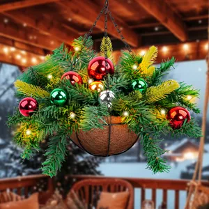 Artificial Christmas hanging basket with LED lights and colorful ornaments for outdoor decor