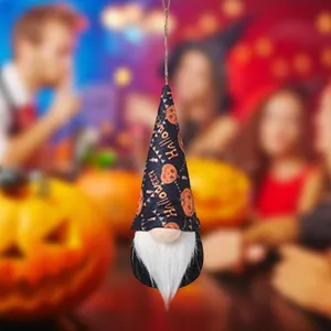 Detailed view of Halloween faceless gnome doll hanging ornament in a festive party setting