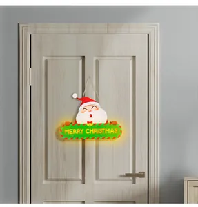 Glowing Santa Claus wooden sign with warm LED light for Christmas door decor