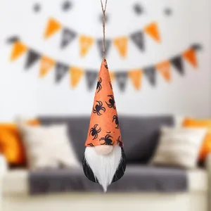 Detail of Halloween gnome hanging decoration with spider pattern hat and white beard