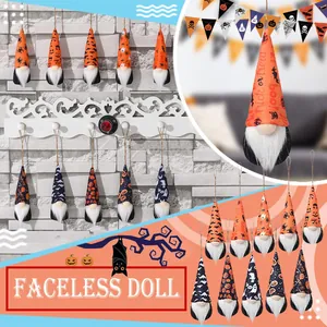 Set of Halloween faceless gnome hanging decorations with festive patterns and textures