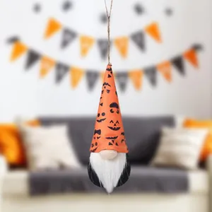 Hanging Halloween gnome decoration with orange pumpkin hat and white beard