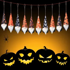 Detailed view of ten festive Halloween gnome pendants with pumpkin and spider hat motifs