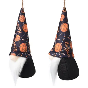 Handmade Halloween gnome hanging ornaments with orange pumpkin and Halloween text print