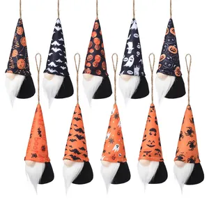 Set of 10 Halloween hanging gnome ornaments featuring pumpkin ghost and bat patterns