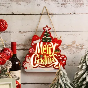 Glowing wooden Christmas tree hanging sign with Merry Christmas text for door decoration