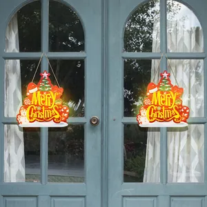 Light-up glowing Christmas wooden hanging sign with Merry Christmas for door decor