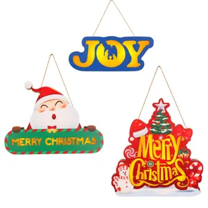 Set of three festive wooden Christmas hanging ornaments with Santa and JOY designs