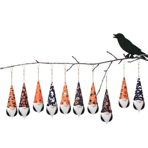 Set of 10 Halloween hanging gnome ornaments with bat and pumpkin patterns on white