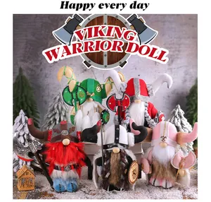 Detailed view of five unique handcrafted Viking warrior gnome plush dolls with axes and shields