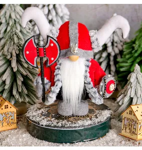 Detailed handmade Viking gnome plush doll with red helmet, horns, axe and shield