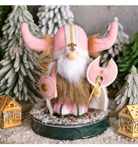 Detailed Viking gnome plush doll ornament with pink horned helmet and axe weapon decoration