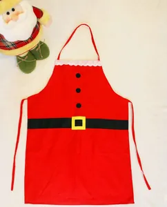 Detailed view of red Santa Claus themed apron with lace trim and belt pattern.