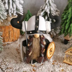 Plush Viking gnome doll with black horned helmet and shield for winter holiday decor