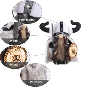 Handmade Viking gnome plush doll featuring wood shield and faux leather helmet details