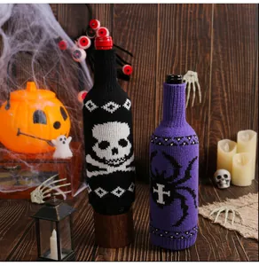 Decorative Halloween knitted wine bottle covers with skull and spider patterns for party