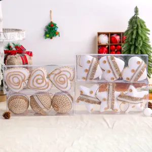 Rustic Christmas Ornaments Set 3 Pieces Hemp Rope Lace Wooden Button Heart Star Ball Pendants For Christmas Tree Party Decoration