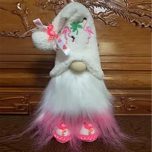 Handmade standing flamingo-themed faceless gnome plush with pink dip-dyed beard detail