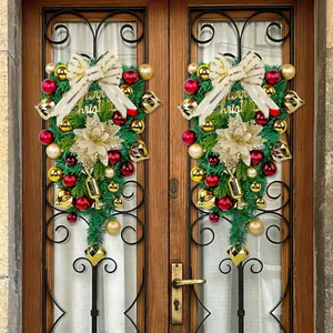Christmas Teardrop Swag Hanging Wreath Red Gold Ornaments Bow Artificial Pine Merry Christmas Door Wall Decor