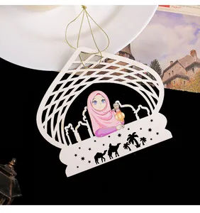 Laser-cut wooden hanging ornament featuring anime girl with hijab and mosque design