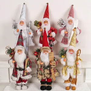 Figurine De Père Noël Debout En Tissu À Paillettes Et Fausse Fourrure Avec Bâton Et Lampe Décoration De Table De Noël